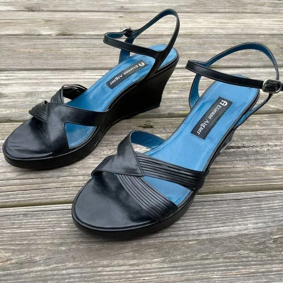 Etienne Aigner Women Shoes Wedge Heel Black Leather Upper Sandal Size 9M - Picture 5 of 12